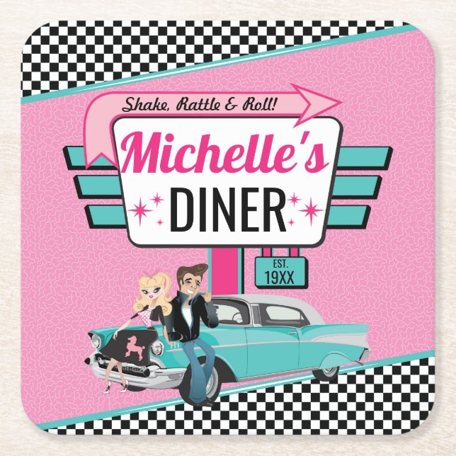 1950's Retro Diner Pink & Teal Birthday Party Square Paper Coaster (Front)