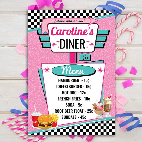 1950s Retro Diner Pink  Teal Menu Card
