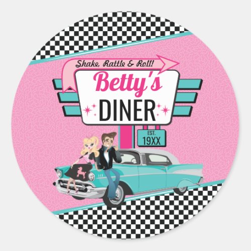 1950s Retro Diner Pink  Teal Sock Hop Classic Round Sticker