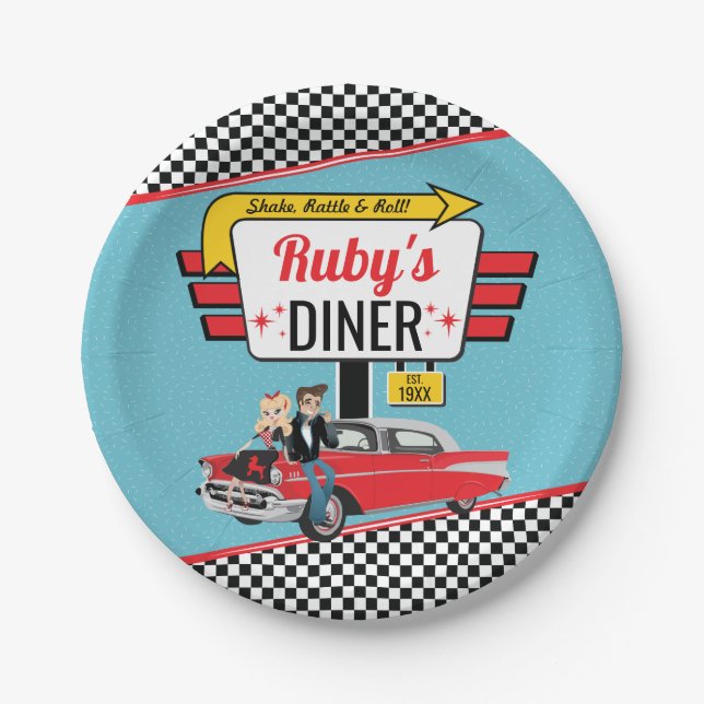 1950's Retro Diner Teal, Red Birthday Party Paper Plates (Front)