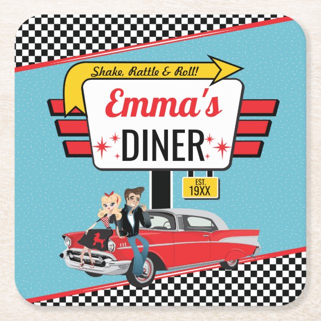 1950's Retro Diner Teal/Yellow Birthday Party Square Paper Coaster (Front)