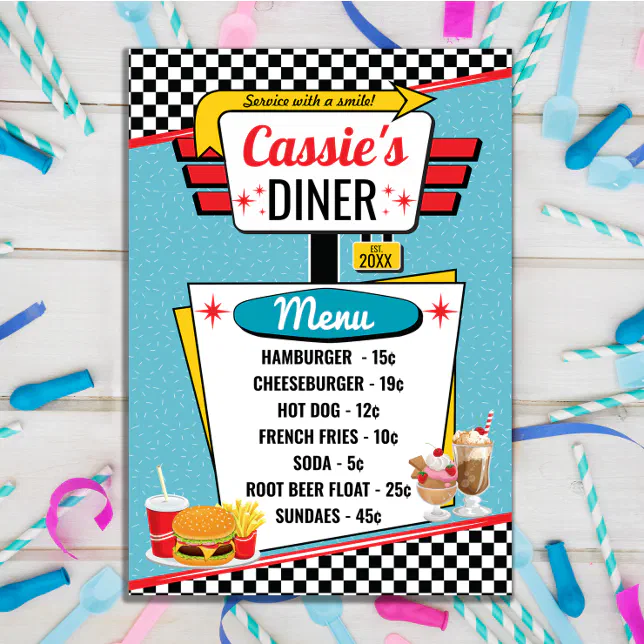 1950's Retro Diner Teal, Yellow & Red Menu Card | Zazzle