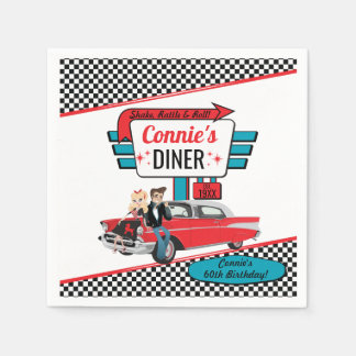 1950's Retro Diner Vintag Car - Teal, Red Birthday Napkins