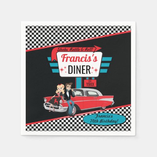 1950s Retro Diner Vintage Car Teal Red Birthday Napkins