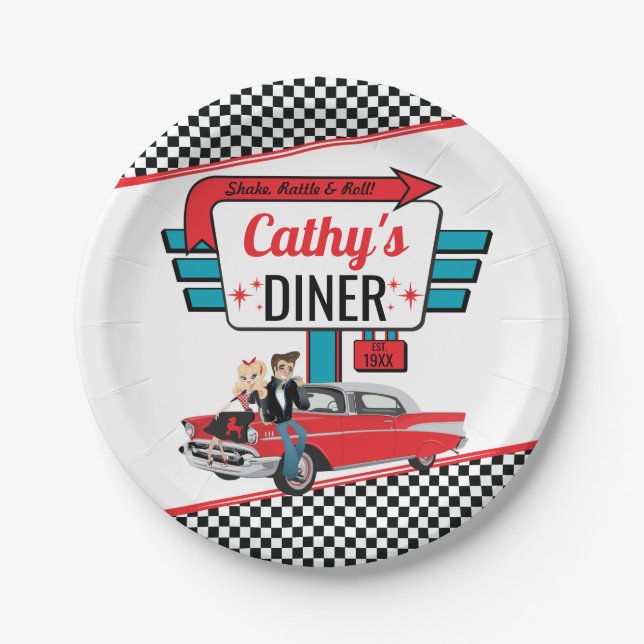 1950's Retro Diner White, Teal, Red Birthday Party Paper Plates (Front)