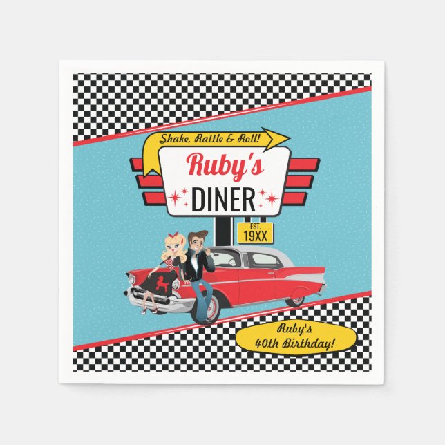 1950's Retro Diner Yellow, Teal, Red Birthday Napkins (Front)