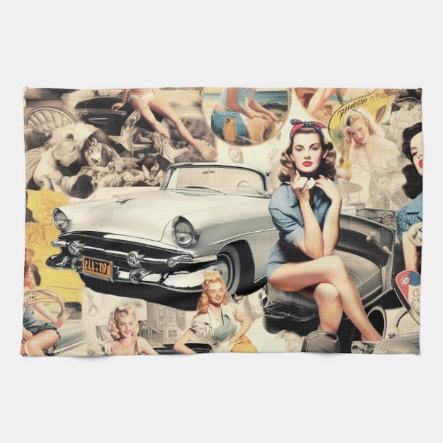 1950S Retro Girls Collage Kitchen Towel (Horizontal)