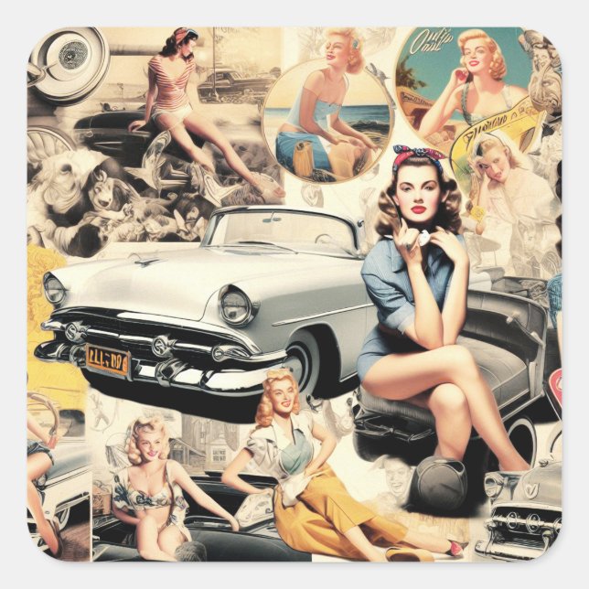 1950S Retro Girls Collage Square Sticker (Front)