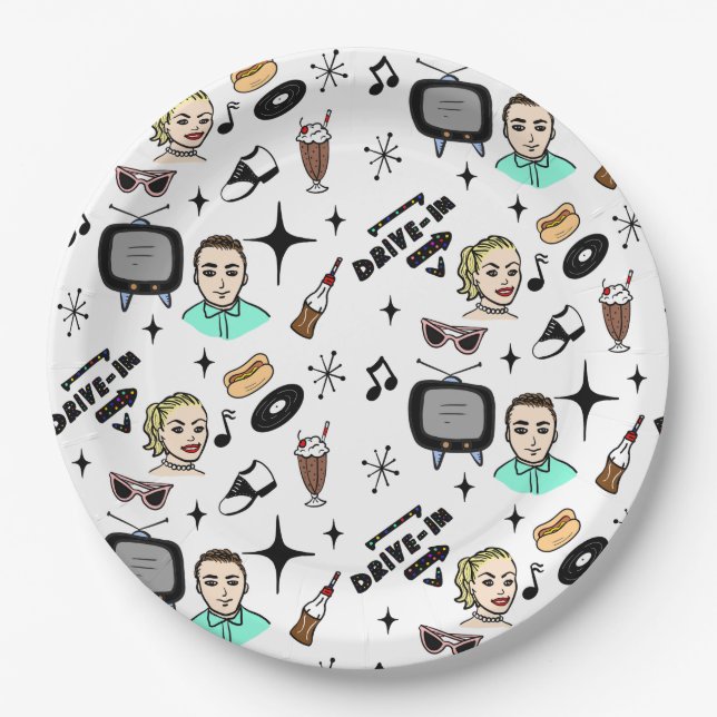 1950's Retro Graphics Nostalgic Birthday    Paper Plates (Front)