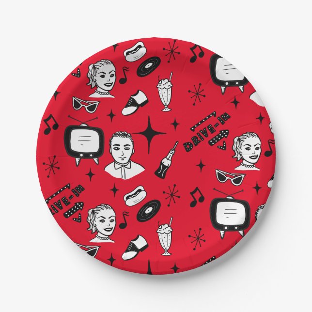 1950's Retro Graphics Nostalgic Birthday     Paper Plates (Front)
