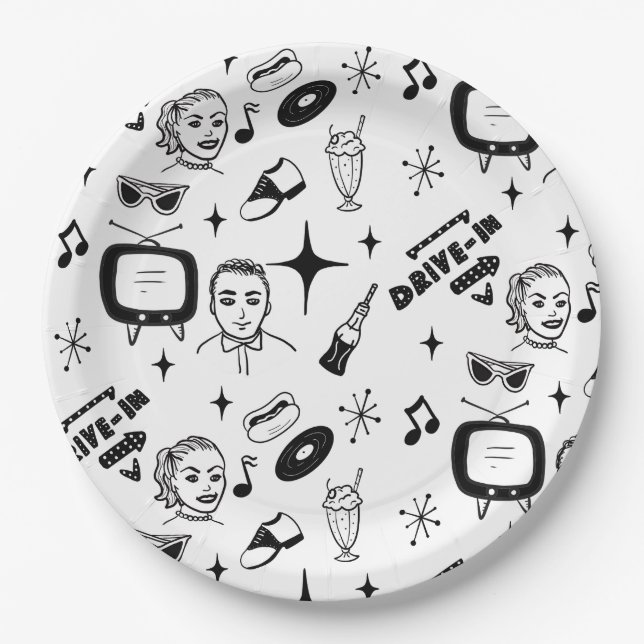 1950's Retro Graphics Nostalgic Birthday Paper Plates (Front)