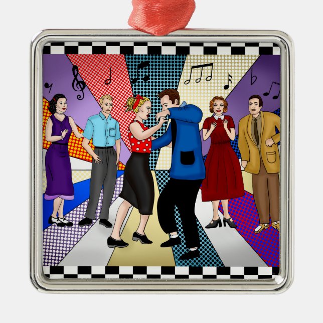1950's Retro Nostalgic Couple Dancing Christmas  Metal Ornament (Front)