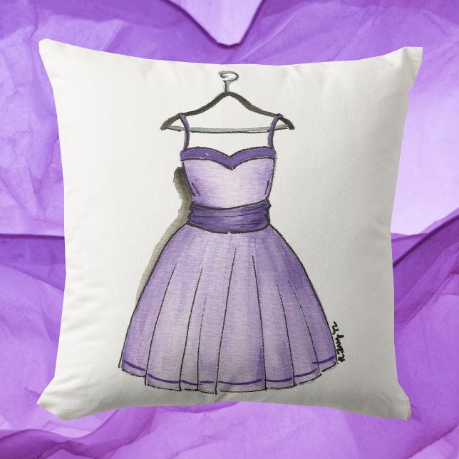 1950s Retro Purple Prom Party Dress Fashionista Throw Pillow (Purple prom dress pillow)