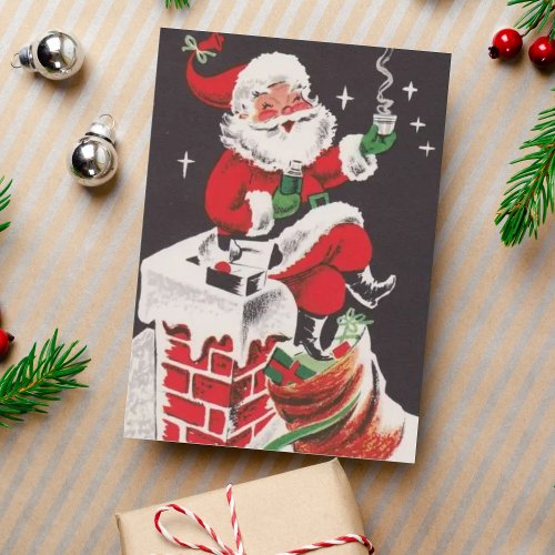 1950s Retro Santa on Rooftop Vintage Christmas Holiday Card