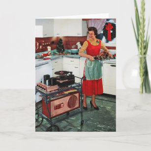 1950s retro vintage housewife in kitchen & turkey holiday card