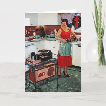 1950s Retro Vintage Housewife In Kitchen & Turkey Holiday Card by TO_photogirl at Zazzle