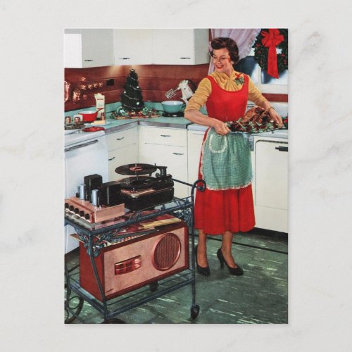 1950s retro vintage housewife in kitchen  turkey postcard