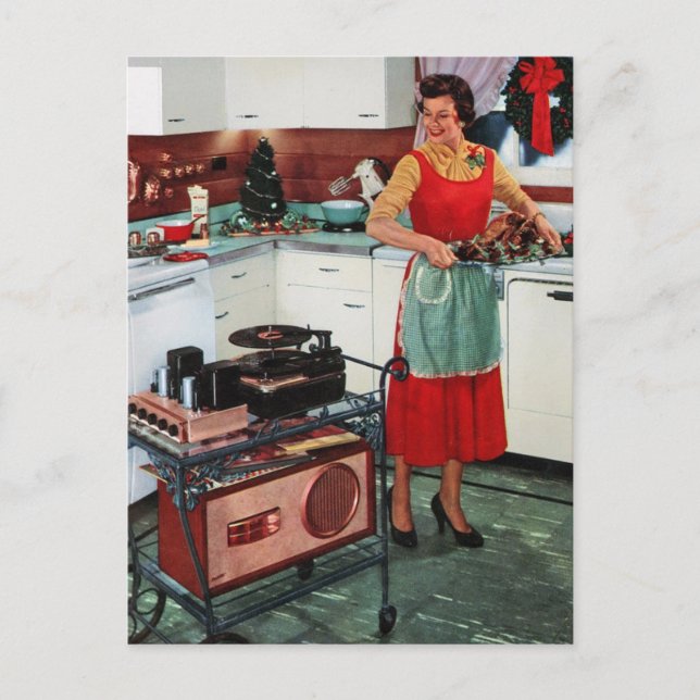 1950s retro vintage housewife in kitchen & turkey postcard (Front)