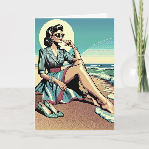 1950s Retro Woman Kicking Her Shoes off at Beach Card