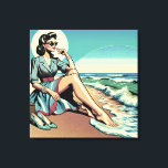 1950's Retro Woman Sitting on the Beach Canvas Print<br><div class="desc">Mid-century woman sitting at the beach with her shoes off enjoying the ocean view. Ai art with nostalgic retro 1950's vibes.</div>