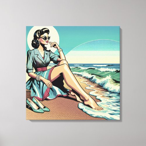 1950s Retro Woman Sitting on the Beach Canvas Print