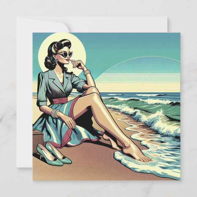1950's Retro Woman Sitting on the Beach Card (Front)