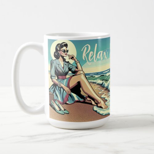 1950s Retro Woman Sitting on the Beach Coffee Mug