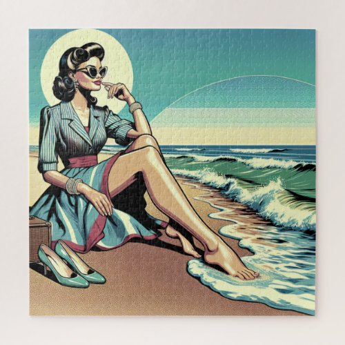 1950s Retro Woman Sitting on the Beach Jigsaw Puzzle