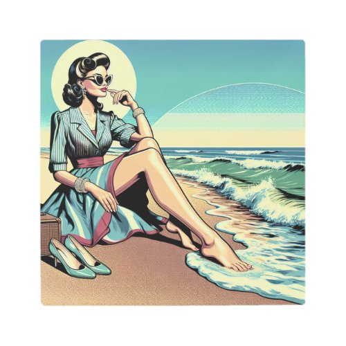 1950s Retro Woman Sitting on the Beach Metal Print