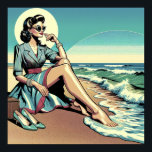 1950's Retro Woman Sitting on the Beach Poster<br><div class="desc">Mid-century woman sitting at the beach with her shoes off enjoying the ocean view. Ai art with nostalgic retro 1950's vibes.</div>