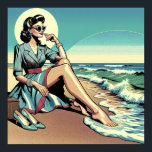 1950's Retro Woman Sitting on the Beach Poster<br><div class="desc">Mid-century woman sitting at the beach with her shoes off enjoying the ocean view. Ai art with nostalgic retro 1950's vibes.</div>