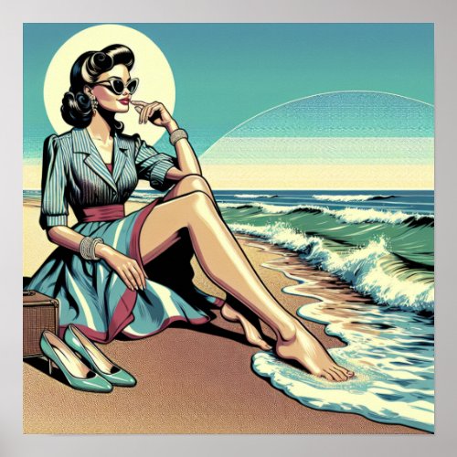 1950s Retro Woman Sitting on the Beach Poster