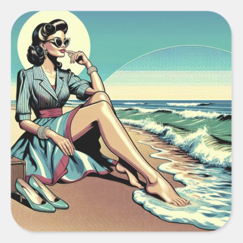 1950s Retro Woman Sitting on the Beach Square Sticker