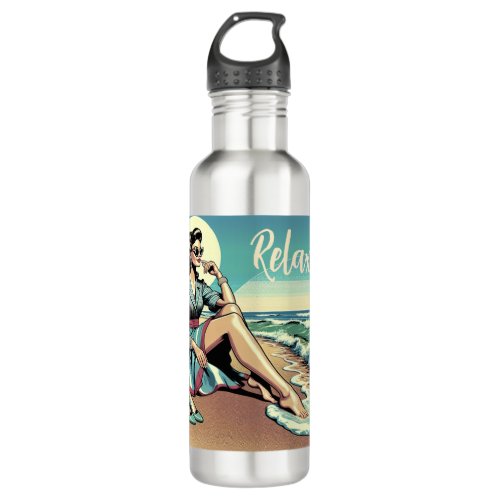 1950s Retro Woman Sitting on the Beach Stainless Steel Water Bottle