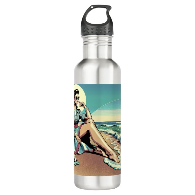 1950's Retro Woman Sitting on the Beach Stainless Steel Water Bottle (Front)