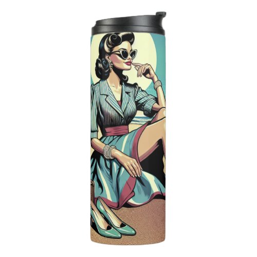 1950s Retro Woman Sitting on the Beach Thermal Tumbler