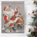 1950s Santa with Tea and Cookies Custom Christmas Holiday Card<br><div class="desc">This cute 1950's vintage Christmas card features a jolly Santa Claus enjoying tea and cookies with his sack full of toys at his side. Sentiment inside the card reads "May your holiday season be filled with love and joy. Merry Christmas!" and can be changed or edited as desired. Add your...</div>