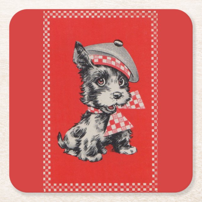 1950s Scottie dog in red Square Paper Coaster (Front)