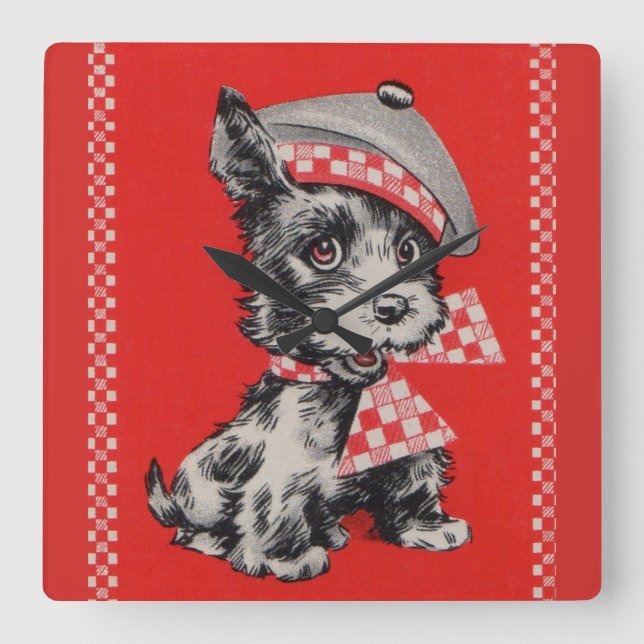1950s Scottie dog in red Square Wall Clock (Front)