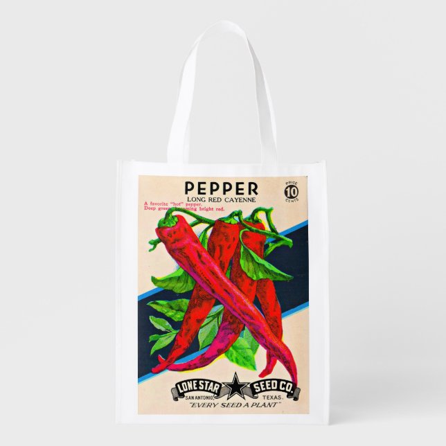  1950s seed packet cayenne pepper grocery bag (Front)