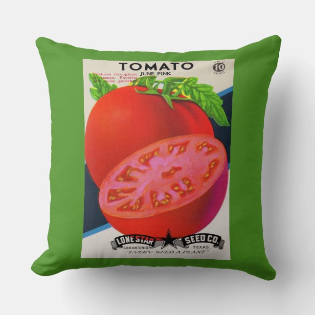 1950s seed packet tomato print throw pillow (Front)