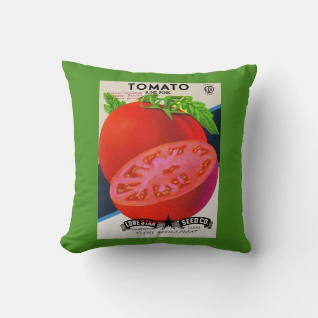 1950s seed packet tomato print throw pillow (Front)