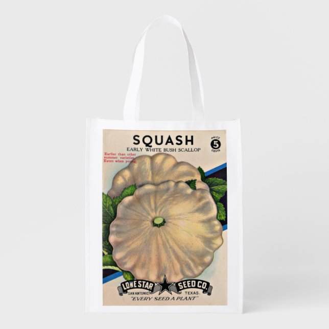 1950s seed packet white squash print grocery bag (Front)