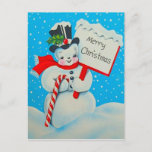 1950's Snowman Merry Christmas Postcard<br><div class="desc">Retro Christmas Card with a snowman holding candy cane</div>