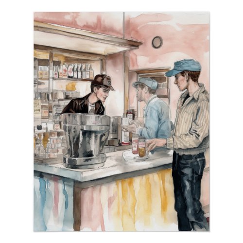 1950s Soda Shop Watercolor Art Print Glossy Poster