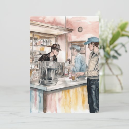 1950s Soda Shop Watercolor Art Print Thank You Card