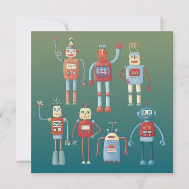 1950s Style Cute Retro Fun Robots Greetings Card (Front)