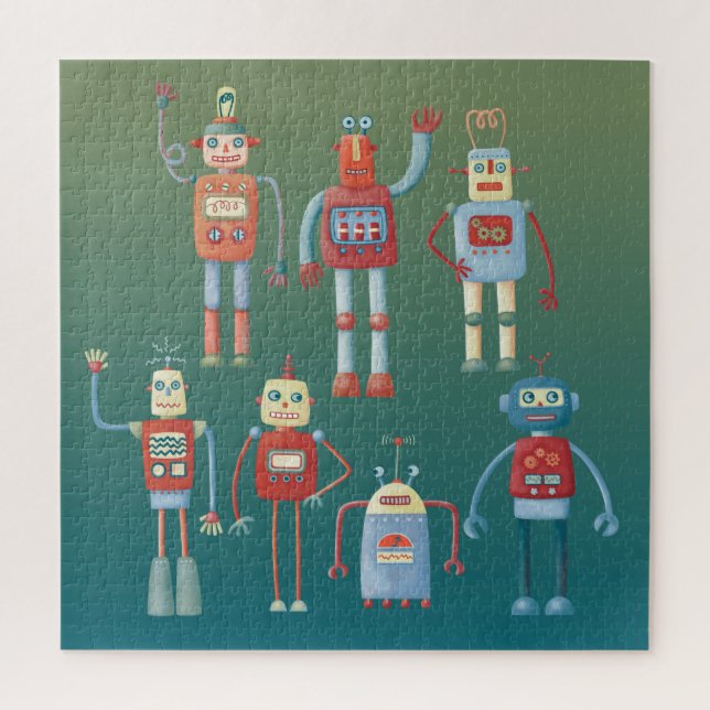 1950s Style Cute Retro Fun Robots Jigsaw Puzzle (Vertical)