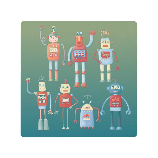 1950s Style Cute Retro Fun Robots Metal Print (Front)