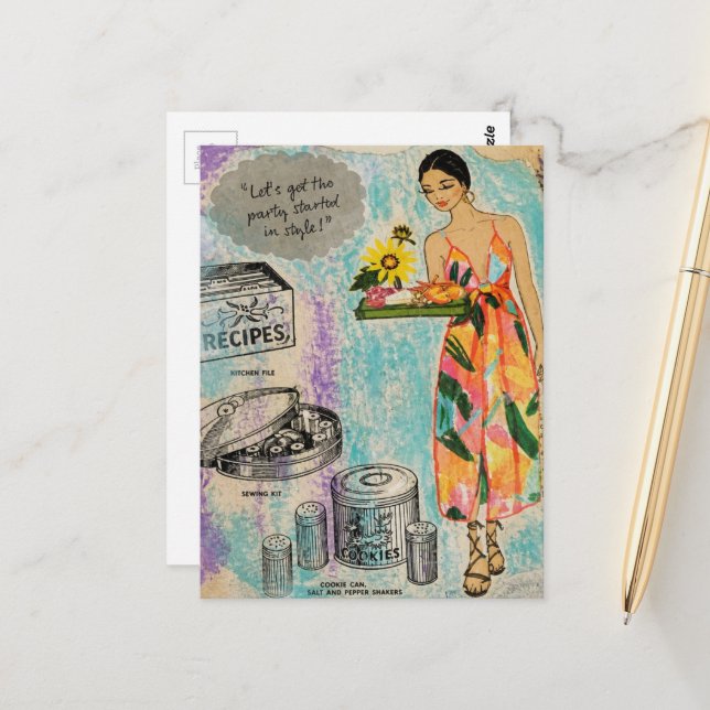 1950s Style Party Mixed Media Collage Postcard (Front/Back In Situ)